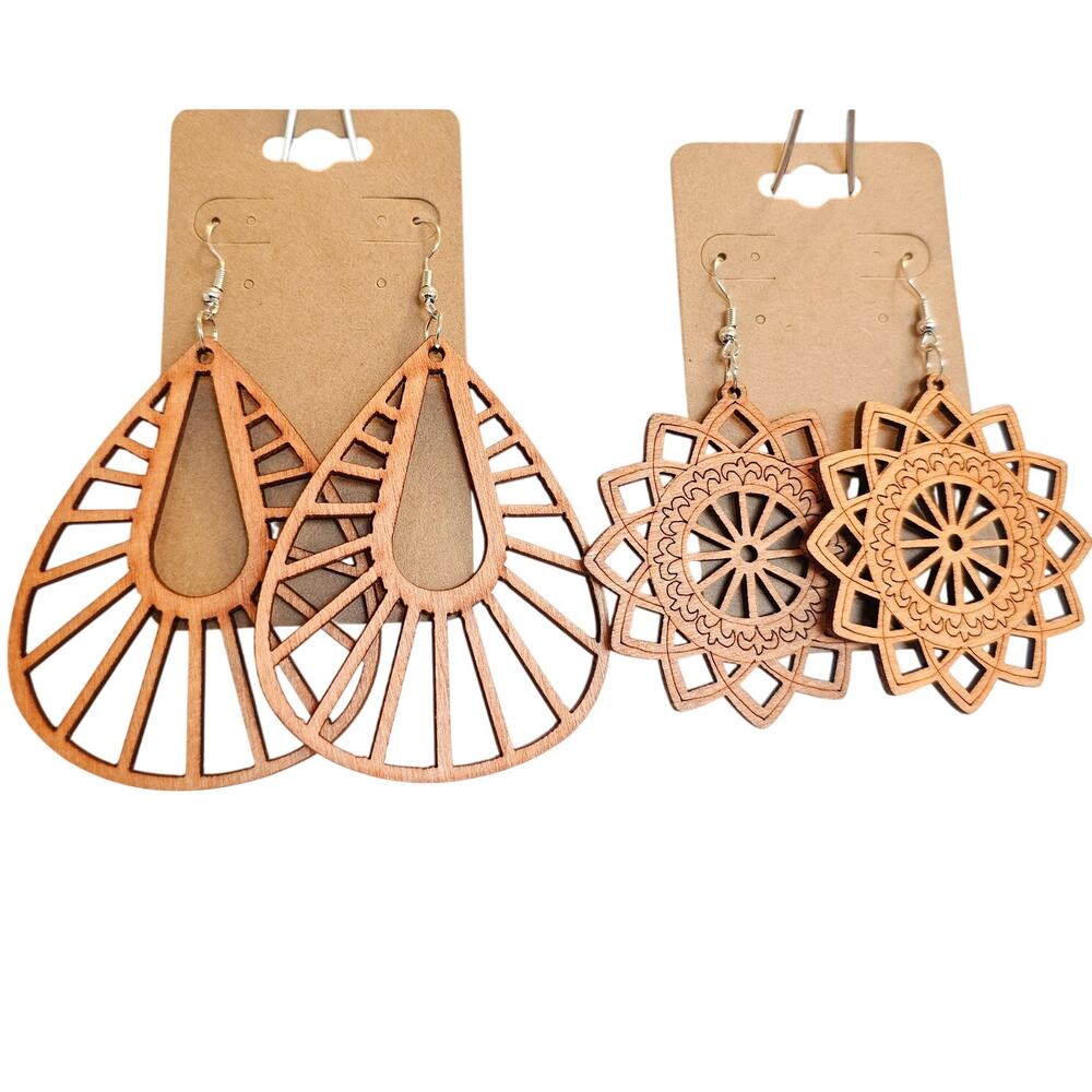 Wood Laser Cut Dangle Earrings Lot 2 Pairs Geometric Mandalla Teardrop Boho